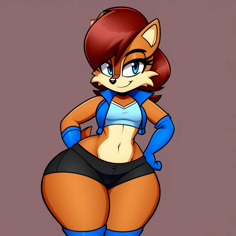 Female, Mobian, Sally Acorn, smile, small breasts, wearing blue vest, wearing black shorts, has thick thighs,