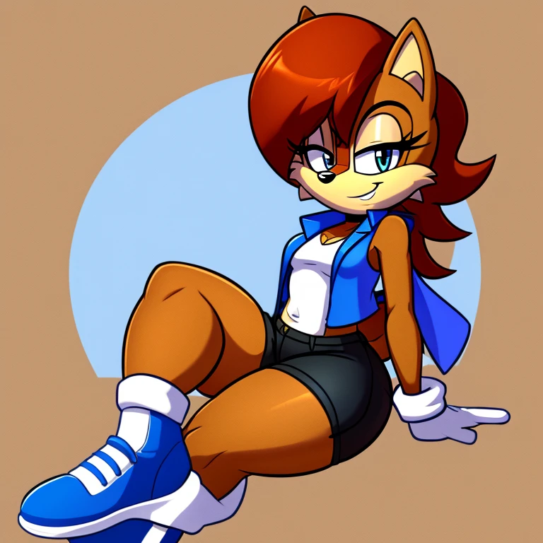 Female, Mobian, Sally Acorn, smile, small breasts, wearing blue vest, wearing black shorts, has thick thighs,