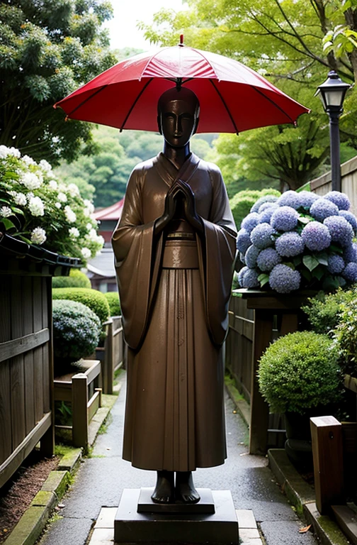 Jizo statue standing on the approach to a temple, drying a wet straw hat on a sunny day in the rainy season, Hydrangeas are blooming all around.