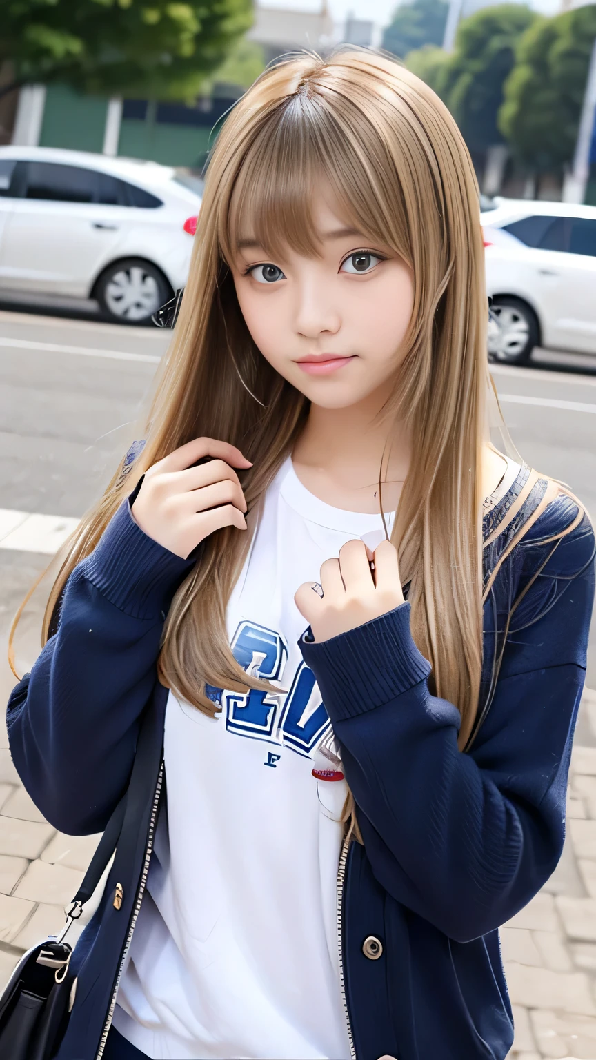 Sexy Big 、A cute -yeld giwith a sexy and cute look, beautiful and sexy face、A strong wind blows my hair in front of my face、With straight blonde hair、beautiful, Cute and sexy eyes hidden behind long bangs、Sexy school girl