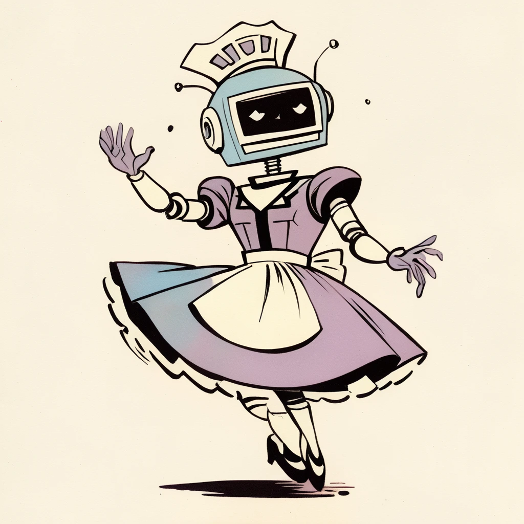 Rosie the Robot in a maid outfit, (vintage comic, The Jetsons style reference) dancing stanky boogie, 1960's rich color grading for shading depth, 1940's watercolor background
