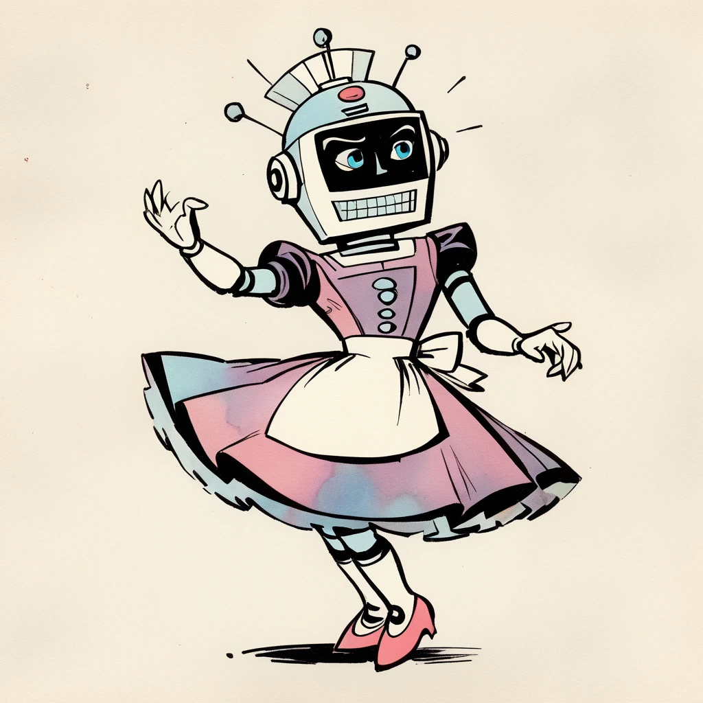 Rosie the Robot in a maid outfit, (vintage comic, The Jetsons style reference) dancing stanky boogie, 1960's rich color grading for shading depth, 1940's watercolor background
