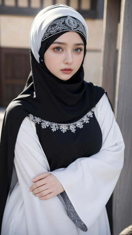 (Masterpiece, top quality, best quality, official art, beautiful and aesthetic: 1.2)
(1girl)
(Hyuga Hinata from Naruto anime, long black hair, radiant white eyes, captivating with Byakugan eyes)
(Beautiful, ethnic allure in Black clothes)
(Majestically posing against a mosque background, wearing a hijab that covers her head and neck)
(Ultra detail, realistic representation of fabric texture, wrinkles, and intricate hijab design)
(Her mesmerizing eyes reflecting tranquility and strength, gaze fixed on the viewer)
Proportional body, perfect body figure, alluring, glamorous, sexy, portrait, big breasts, shapely