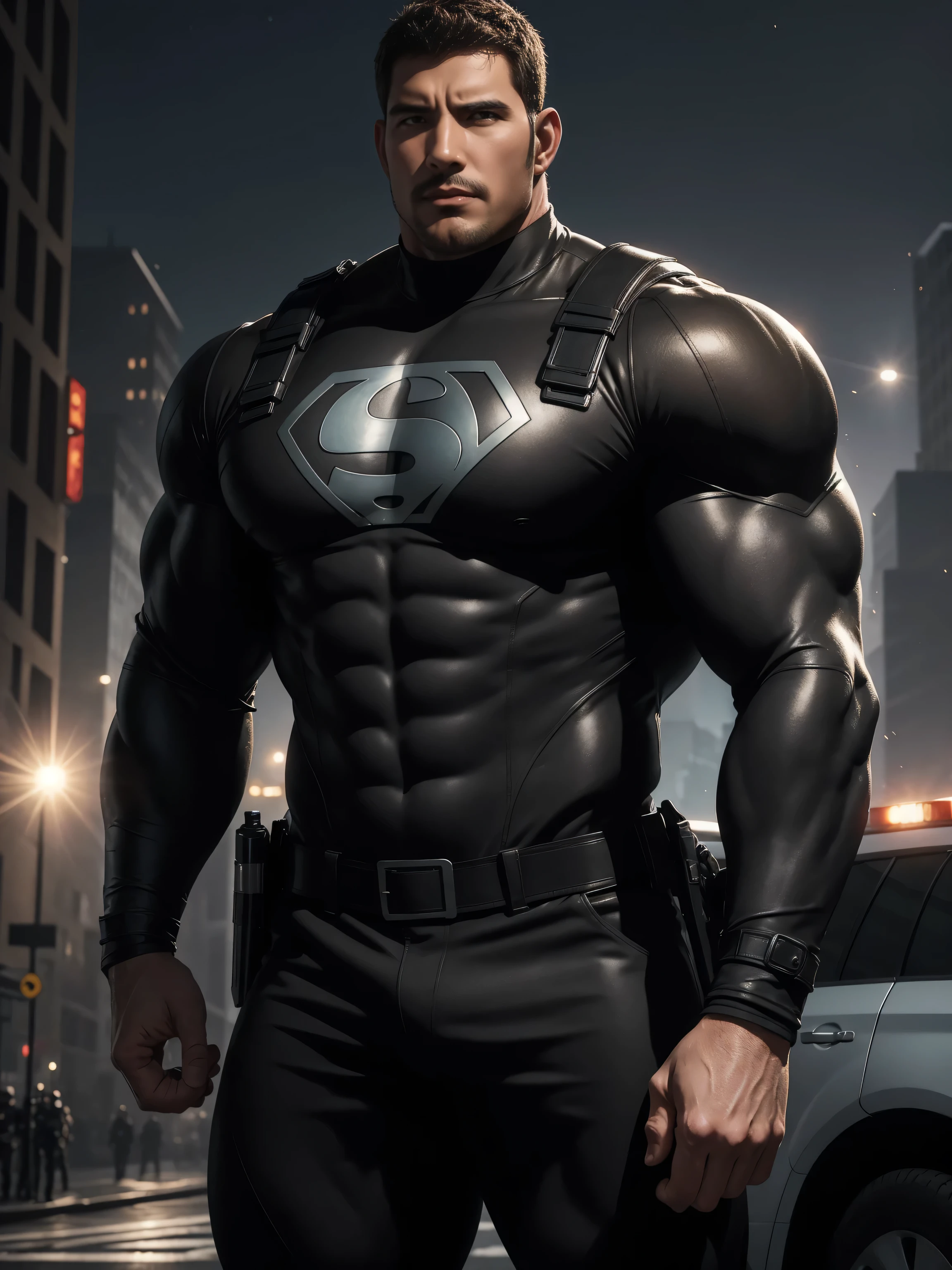 One Tall giant muscular police officer, on the street outdoors, Wear a brown long-sleeved superhero jumpsuit, The expression is arrogant, Lift your chin, messy hair, Thick thighs, Brown Turtleneck Long Sleeve Superhero Bodysuit, very tight, Regular symmetrical pattern, Highlight muscles, Police uniform pants, character concept(Resident Evil - chris redfield, chris redfield)A proud expression, Deep and charming eyes, Valiant male pose, tall Burly, muscular!muscular thighs, Tough Guy, Perfect facial features, High, Burly, Heqiang, Super exquisite and cool, High Resolution Committee, Attractive, The sun is blazing, Dazzling
