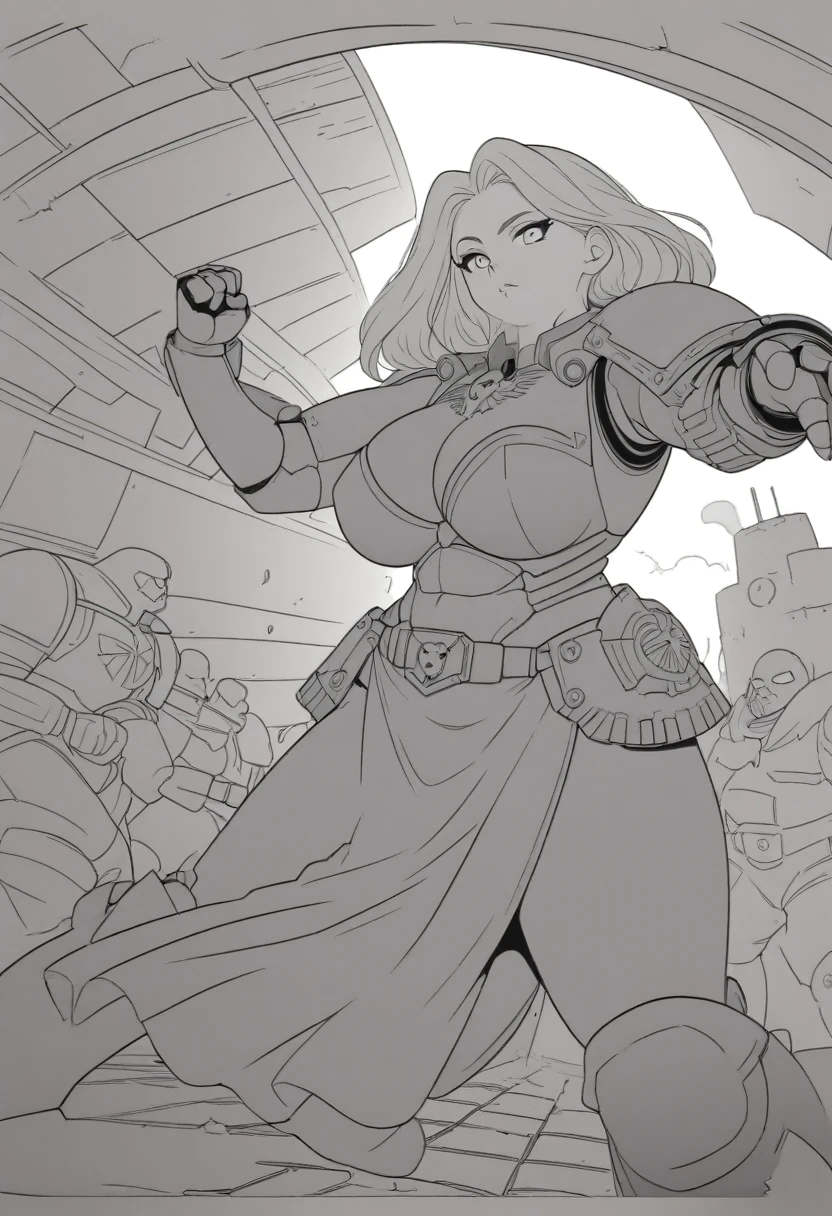 detailed illustration (side view),dynamic angle,ultra-detailed, illustration, pose for the camera, anime, clean line art, shading, woman, Big strong woman, wearing power armor, hand outstretched towards camera, fighting, rescuing viewer, motherly, milf, thick, power armor, Warhammer 40k imperium, female space marine, sister of battle, feminine, shapely, built like shit brick house.