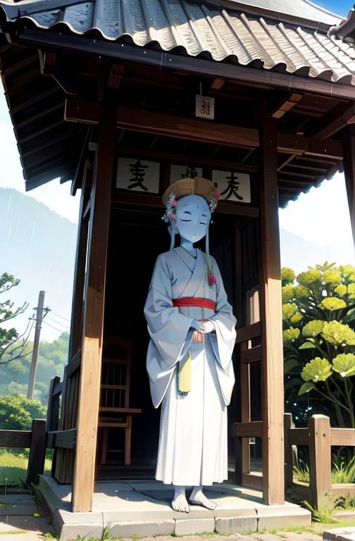 Jizo statue standing on the approach to a temple, drying a wet straw hat on a sunny day in the rainy season, Hydrangeas are blooming all around.
