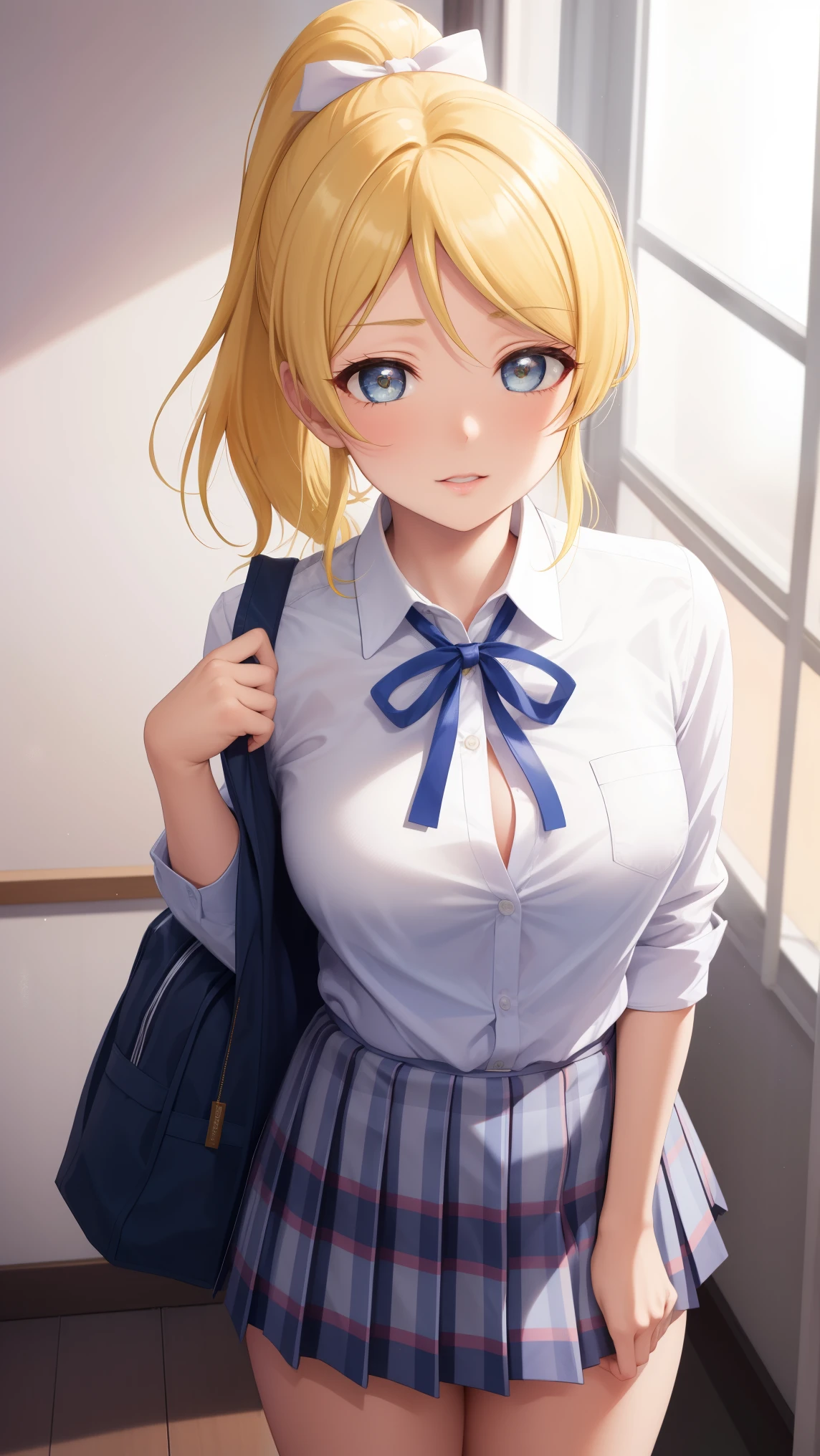 masterpiece, best quality, highly detailed, ultra high res, eliayase, eli ayase, yellow hair, blue eyes, ponytail, hair ribbon, 1girl, solo, glossy lips, white button-up shirt, shool neck ribbon, pleated miniskirt, otonokizaka high school