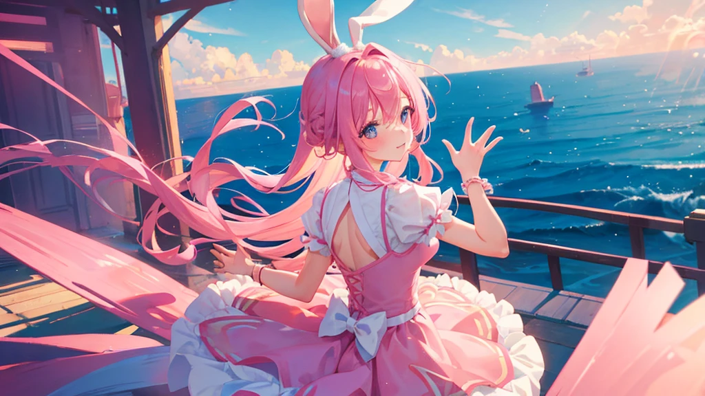 girl with pink hair, bunny ears, love eyes, happy girl, pink tail, ballet royal dress, sky, 8k resolution, detail