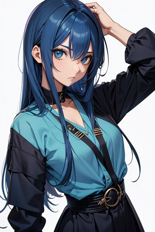 garota de anime,cabelo azul claro com franja encobrindo o olho,cabelo preso,de roupa preta,com uma katana e olhos azuis