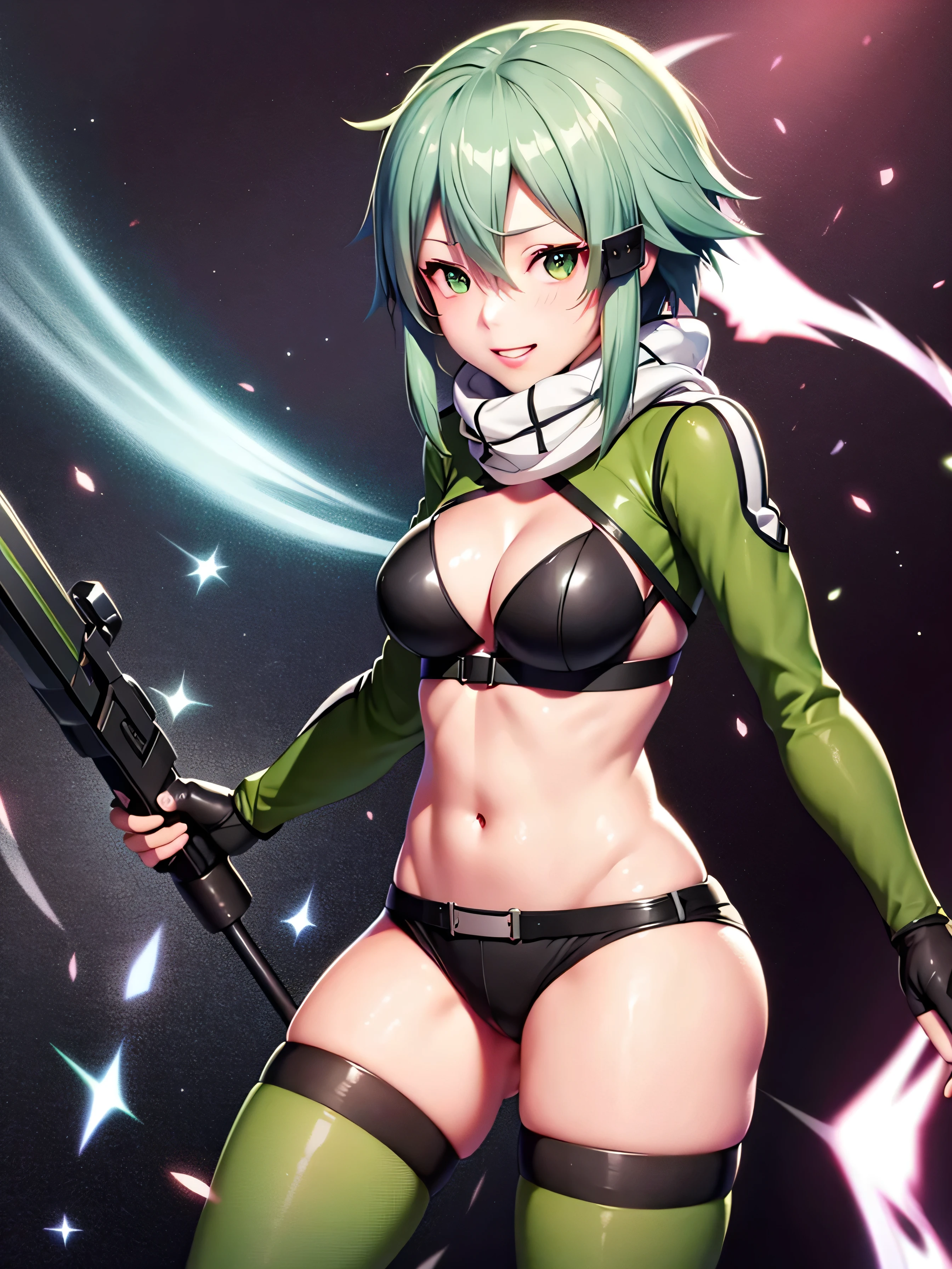 Shinono, Green Hair,Large Breasts,A light smile,gloves, Shorts, fingerless gloves, scarf, short Shorts, black Shorts, Anti-materiel rifle,highest quality