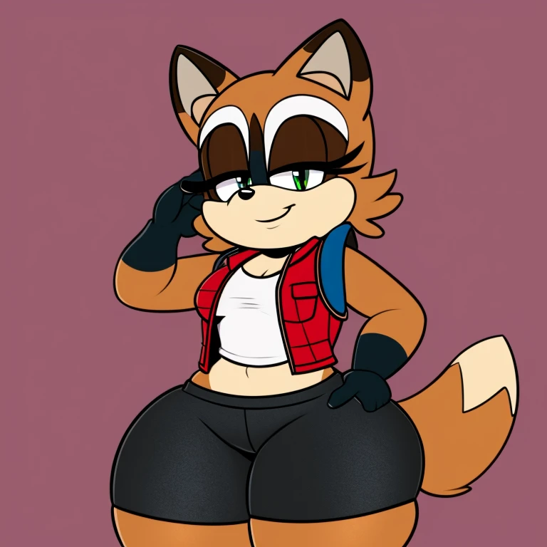 Female, Mobian, raccoon, smile, small breasts, wearing red vest, wearing black shorts, has thick thighs,