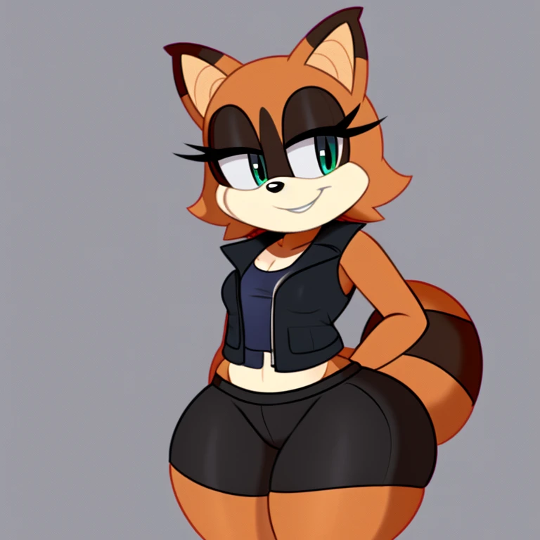 Female, Mobian, raccoon, smile, small breasts, wearing red vest, wearing black shorts, has thick thighs,