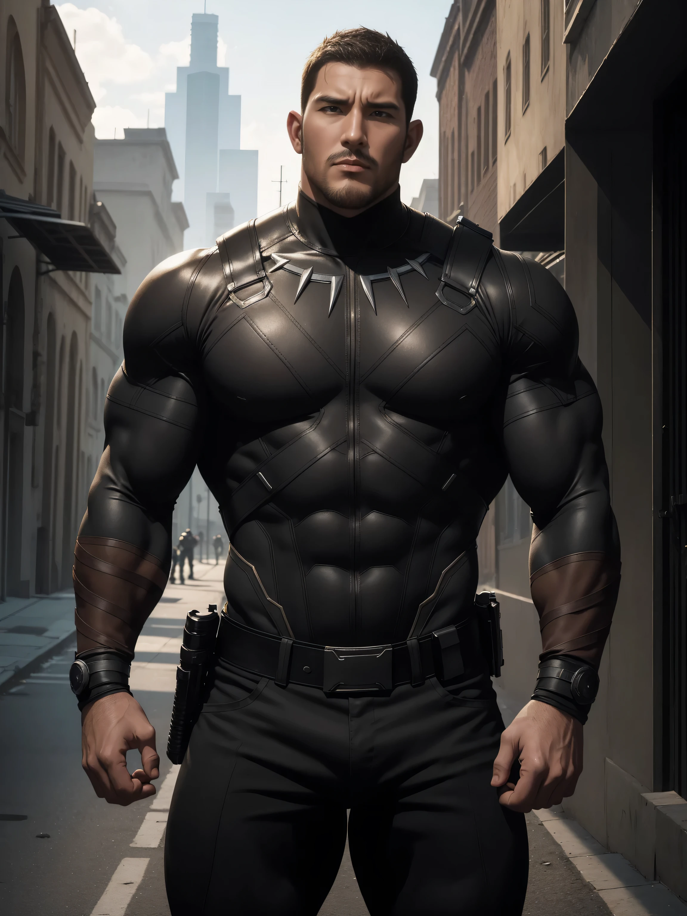 Angry super muscular man,  Buzz Cut，On the old-style outdoor street under the hot sun, Wear long-sleeved dark brown superhero Black Panther bodysuit, Dark brown texture，The expression is arrogant, Thick thighs, Messy hair, Thick thighs, Turtleneck Long Sleeve Dark Brown Superhero Bodysuit, very tight, Regular symmetrical pattern, Highlight muscles, Police uniform pants, character concept（Resident Evil - Chris Redfield, Chris Redfield）A proud expression, Deep and charming eyes, Heroic male pose, tall Burly, muscular！muscular thighs, tough guy, perfect facial features, High, Burly, Heqiang, Super polished and cool, High Resolution Committee, Charismatic, The sun is blazing, dazzling