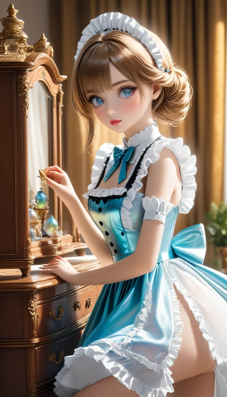 a young woman maid, hyper detailed, iridescent, idyllic, magical, dynamic pose cleaning a dresser with ornaments, (best quality,4k,8k,highres,masterpiece:1.2),ultra-detailed,(realistic,photorealistic,photo-realistic:1.37),1girl,intricate details,beautiful detailed eyes,beautiful detailed lips,extremely detailed eyes and face,longeyeleshs,elegant dress,studio lighting,professional,vivid colors,warm lighting