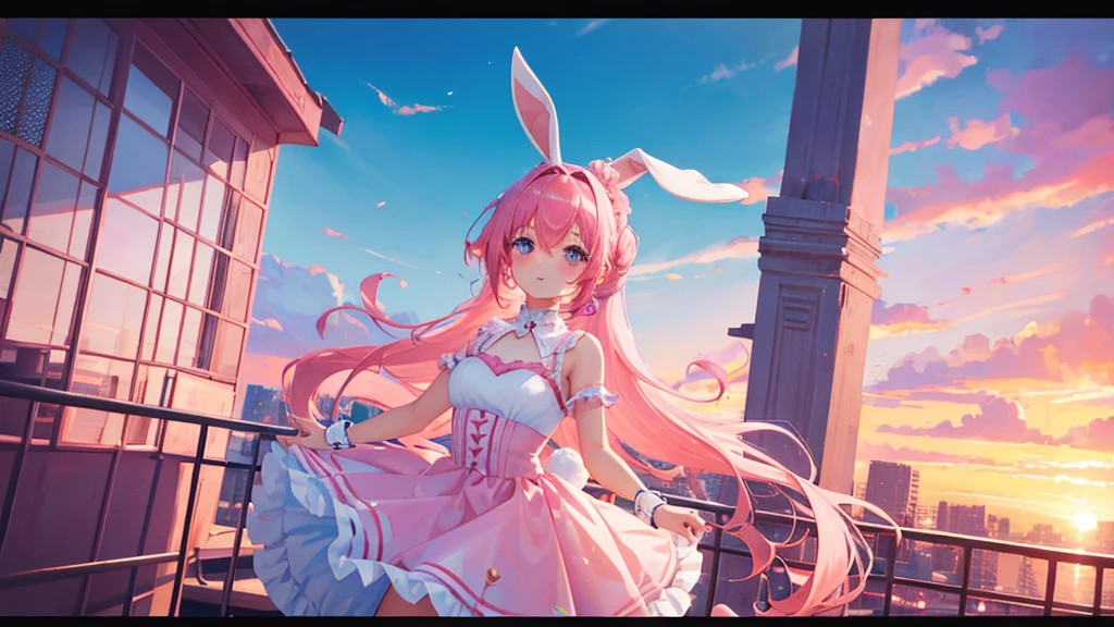 girl with pink hair, bunny ears, love eyes, happy girl, pink tail, hair tied two, ballet royal dress, cute sky, 8k resolution, detail