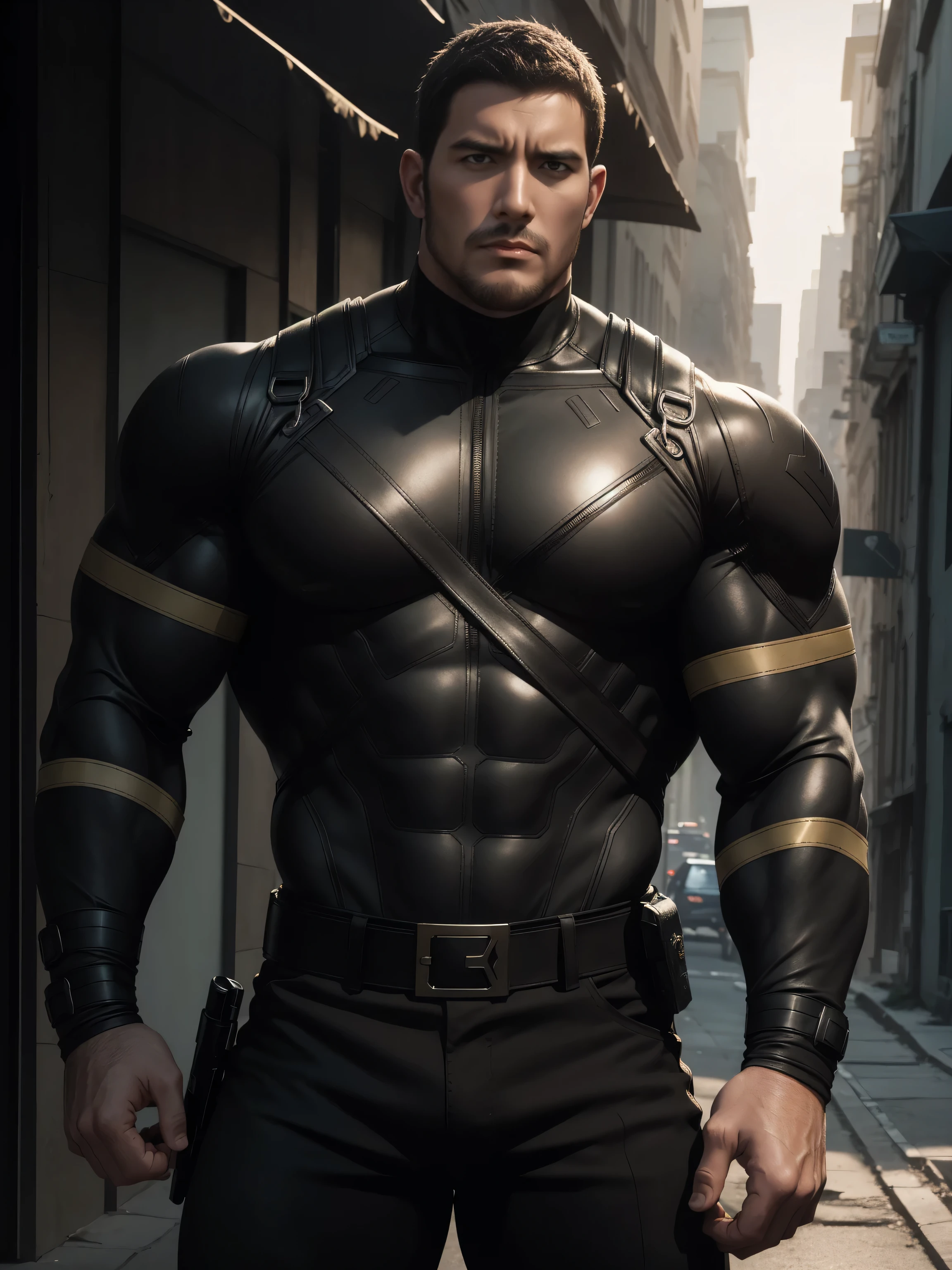 Angry super muscular man,  Buzz Cut，On the old-style outdoor street under the hot sun, Wear long-sleeved dark brown superhero Black Panther bodysuit, Dark brown texture，The expression is arrogant, Thick thighs, Messy hair, Thick thighs, Turtleneck Long Sleeve Dark Brown Superhero Bodysuit, very tight, Regular symmetrical pattern, Highlight muscles, Police uniform pants, character concept（Resident Evil - Chris Redfield, Chris Redfield）A proud expression, Deep and charming eyes, Heroic male pose, tall Burly, muscular！muscular thighs, tough guy, perfect facial features, High, Burly, Heqiang, Super polished and cool, High Resolution Committee, Charismatic, The sun is blazing, dazzling