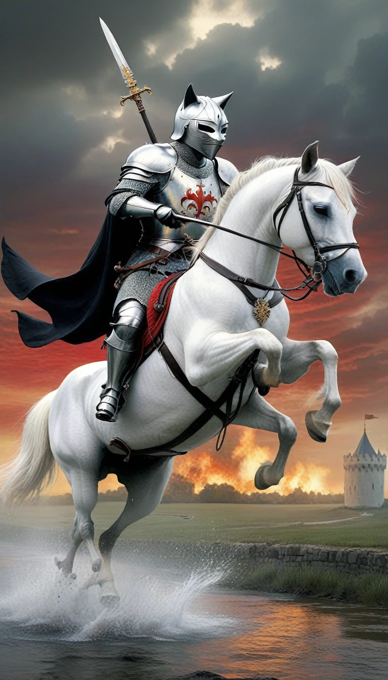 (role conception),Cat Knight,(Anthropomorphic black cat knight riding a white horse fighting the enemy),background:Medieval battlefield,River of blood,