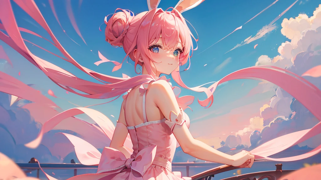 girl with pink hair, bunny ears, love eyes, happy girl, pink tail, hair tied two, ballet royal dress, cute sky, 8k resolution, detail