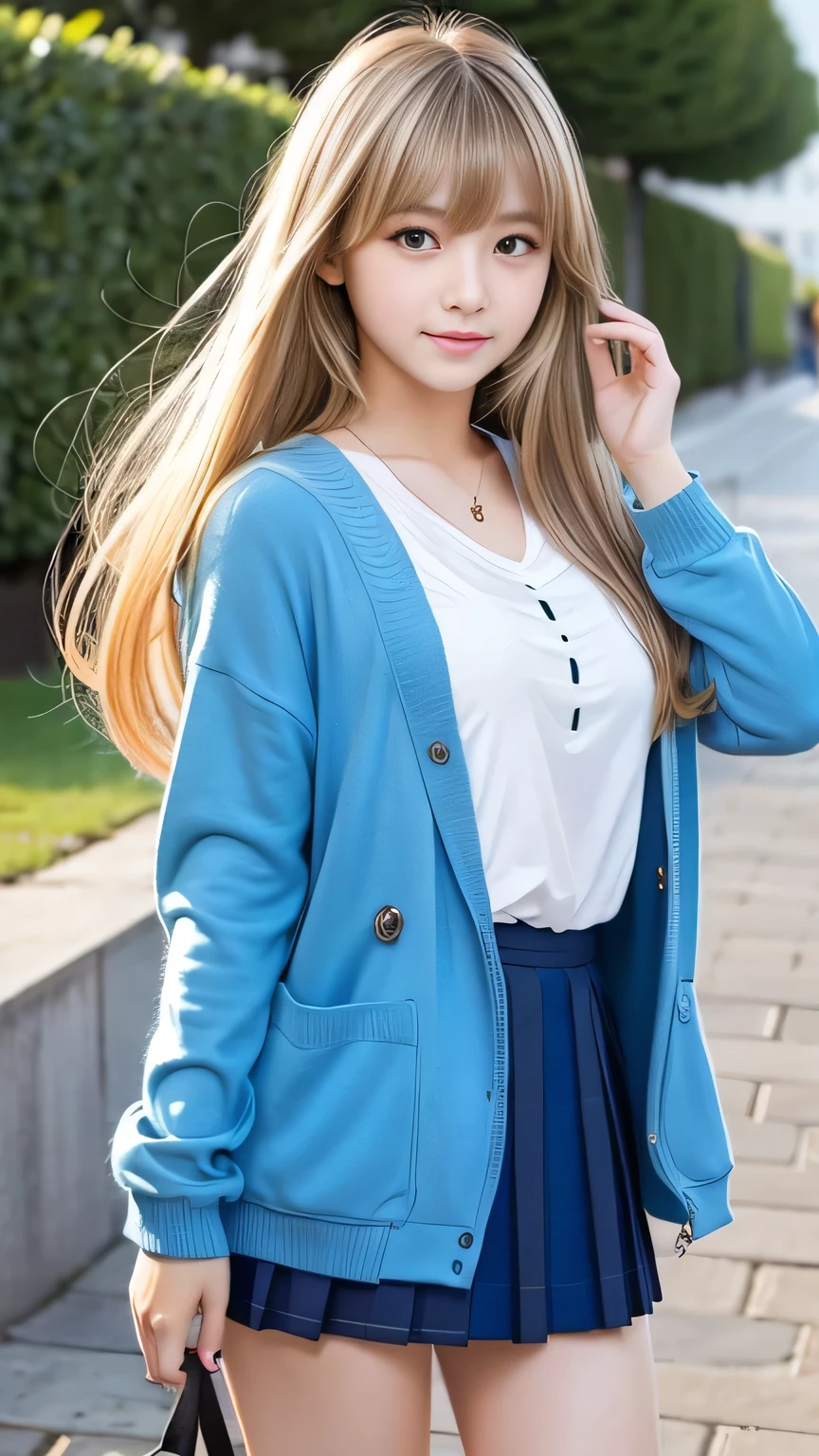 Sexy Big 、A cute 13-year-old girl with a sexy and cute look, beautiful and sexy face、A strong wind blows my hair in front of my face、With straight blonde hair、beautiful, Cute and sexy eyes hidden behind long bangs、Sexy school girl