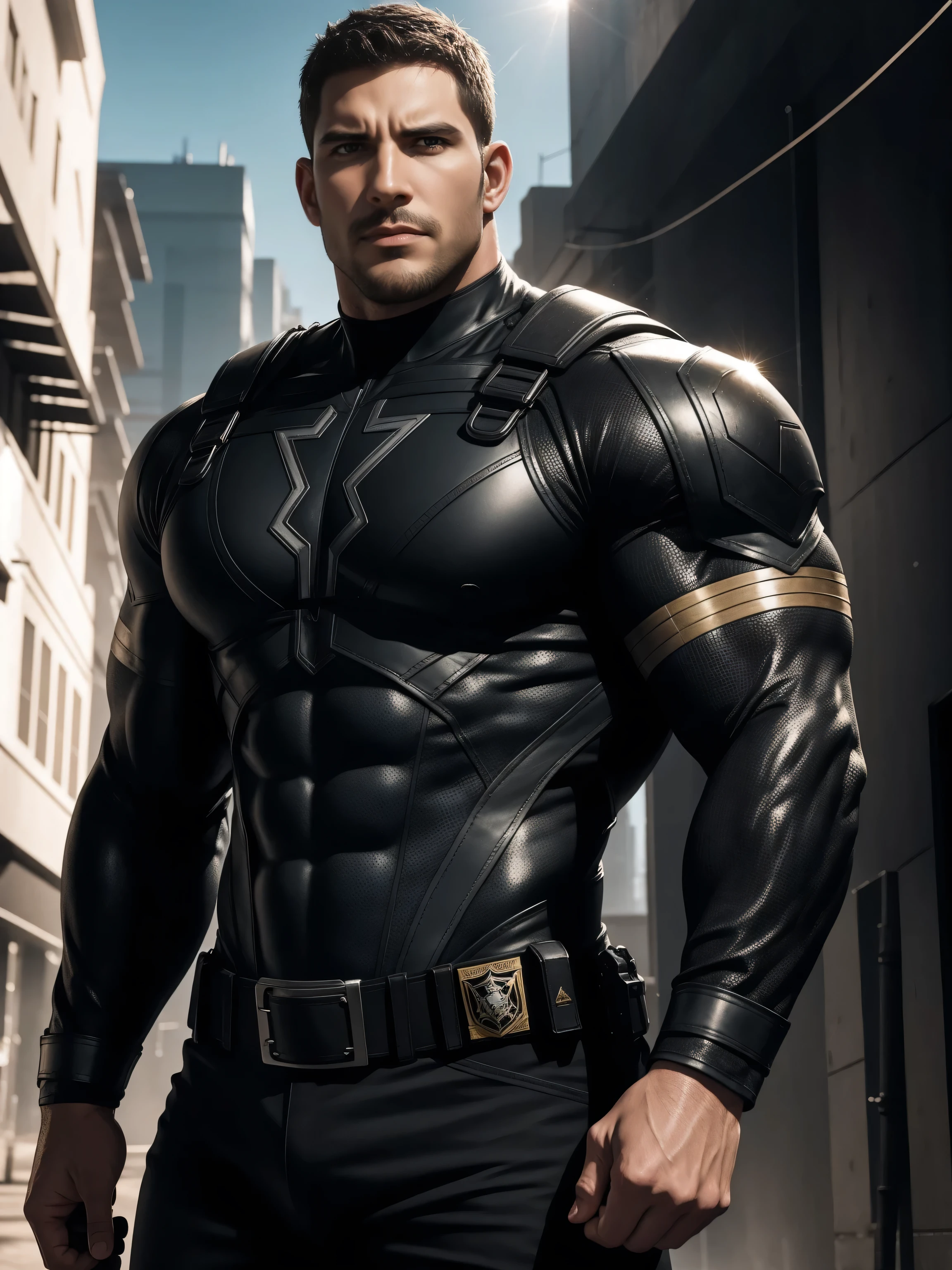 Angry angry muscular man, On the old-style outdoor streets, Brown superhero black panther bodysuit with long sleeves, Muscle man black panther tights,Elastic spandex material,The expression is arrogant, Lift your chin, Sexy beard,Very unkempt tangled hair, Thick thighs, Brown Superhero Bodysuit with Turtleneck and Long Sleeves, very tight, Regular symmetrical pattern, Highlight muscles, Tights,Exquisite leather belt,character concept(Resident Evil - Chris Redfield, Chris Redfield)A proud expression, Deep and charming eyes, Heroic male pose, tall Burly, muscular!The pectoral muscles are oversized, tough guy, perfect facial features, High, Burly, Heqiang, Super polished and cool, High Resolution Committee, Charismatic, The sun is blazing, dazzling