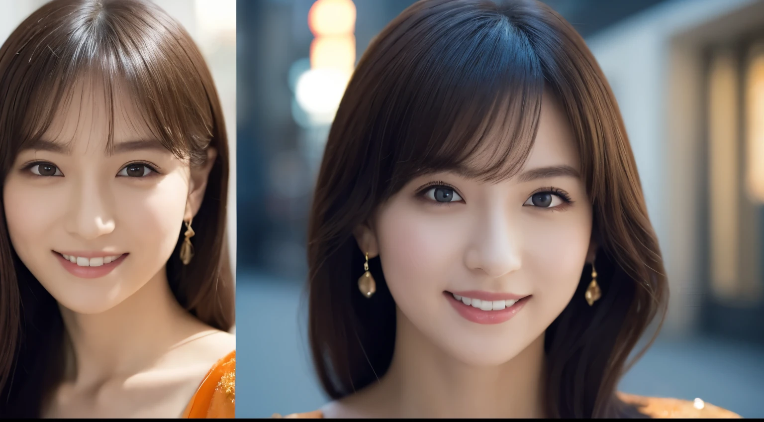 One Girl, (wearing an orange glitter dress:1.2), (RAW Photos, highest quality), (Realistic, Photorealistic:1.4), Tabletop, Very delicate and beautiful, Very detailed, 2k wallpaper, wonderful, In detail, Very detailed CG Unity 8k wallpaper, Very detailedな, High resolution, Soft Light, Beautiful detailed girl, Very detailedな目と顔, Beautifully detailed nose, Beautiful fine details, Cinema Lighting, City lights at night, Amazing illumination, Perfect Anatomy, Slender body, small, smile