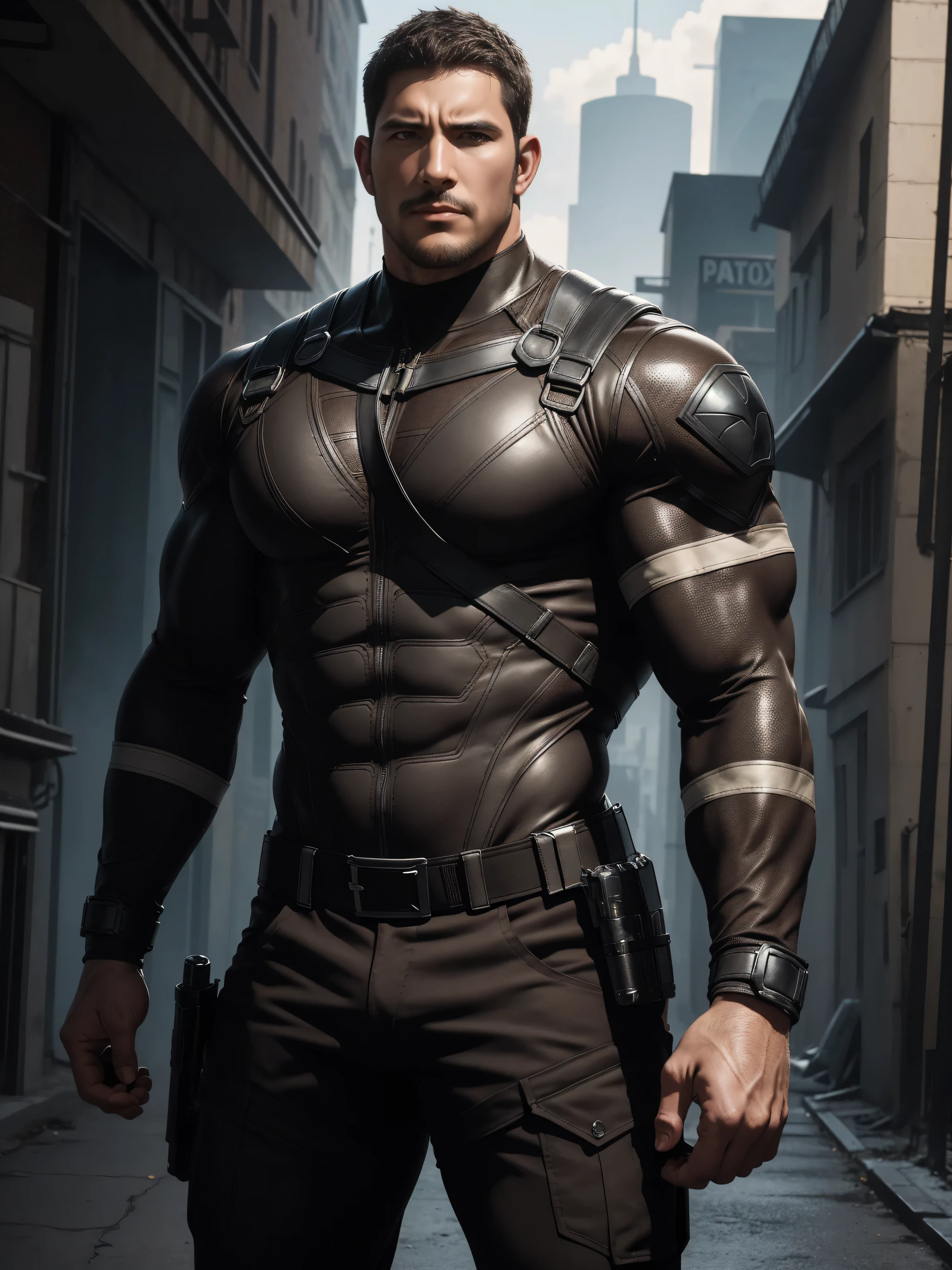 Angry super muscular man, Buzz Cut,On the old-style outdoor street under the hot sun, Wear long-sleeved dark brown superhero Black Panther bodysuit, Dark brown texture,The expression is arrogant, Thick thighs, Messy hair, Thick thighs, Turtleneck Long Sleeve Dark Brown Superhero Bodysuit, very tight, Regular symmetrical pattern, Highlight muscles, Police uniform pants, character concept(Resident Evil - Chris Redfield, Chris Redfield)A proud expression, Deep and charming eyes, Heroic male pose, tall Burly, muscular!muscular thighs, tough guy, perfect facial features, High, Burly, Heqiang, Super polished and cool, High Resolution Committee, Charismatic, The sun is blazing, dazzling