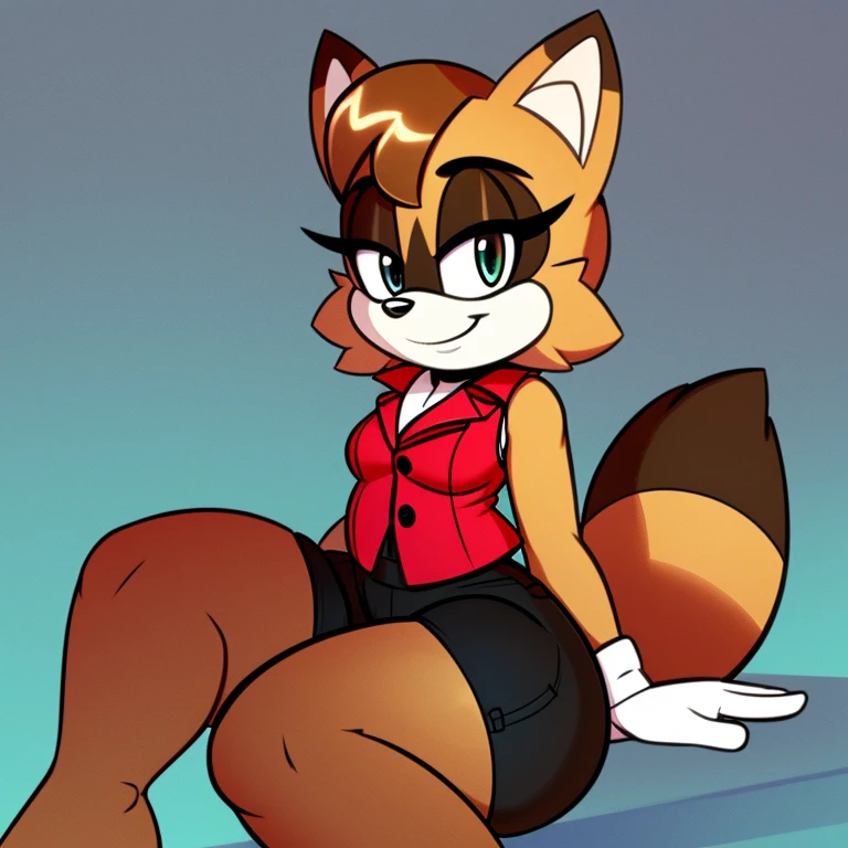 Female, Mobian, raccoon, smile, small breasts, wearing red vest, wearing black shorts, has thick thighs, sitting down and doing a pin up pose,