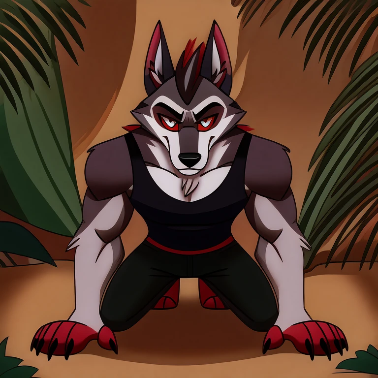 (masterpiece, best quality:1.2), Vortex hellhound, wolf, furry, helluva boss, he wears a black t-shirt with a gray vest with red spikes on the shoulders and black pants. marching on all fours, jungle background,