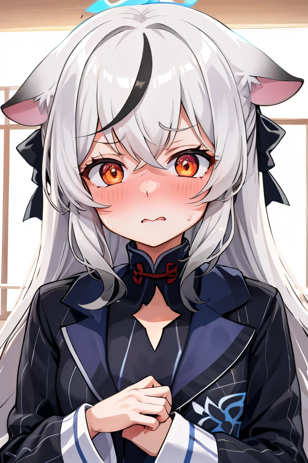 1girl, kokona, indoors, orange eyes, white hair, :3 mouth, embarrassed, beautiful eyes, beautiful lips, shiny lips, extremely detailed eyes and face, long eyelashes, close-up, warm lighting, vibrant colors, looking at the viewer, embarrassed look, blush, Winter suit, winter wonder