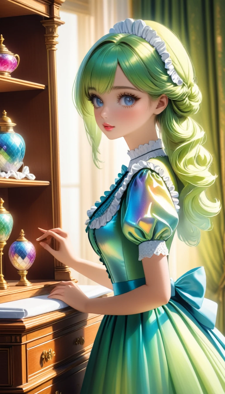 a young woman maid, hyper detailed, iridescent, idyllic, magical, dynamic pose cleaning a dresser with ornaments, (best quality,4k,8k,highres,masterpiece:1.2),ultra-detailed,(realistic,photorealistic,photo-realistic:1.37),1girl,intricate details,beautiful detailed eyes,beautiful detailed lips,extremely detailed eyes and face,longeyeleshs,elegant dress,studio lighting,professional,vivid colors,warm lighting