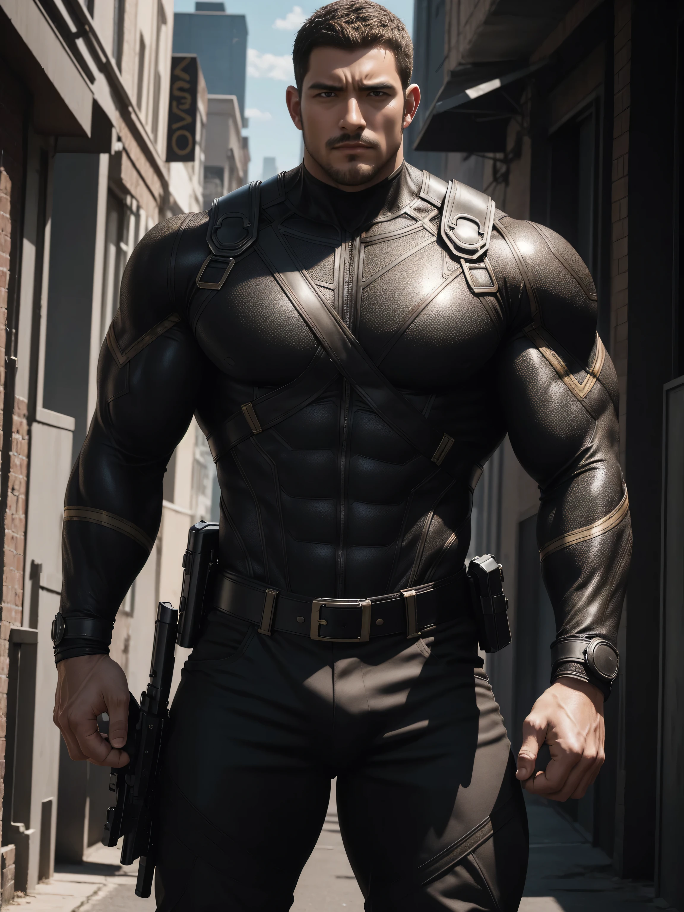 Angry super muscular man, Buzz Cut,On the old-style outdoor street under the hot sun, Wear long-sleeved dark brown superhero Black Panther bodysuit, Dark brown texture,The expression is arrogant, Thick thighs, Messy hair, Thick thighs, Turtleneck Long Sleeve Dark Brown Superhero Bodysuit, very tight, Regular symmetrical pattern, Highlight muscles, Police uniform pants, character concept(Resident Evil - Chris Redfield, Chris Redfield)A proud expression, Deep and charming eyes, Heroic male pose, tall Burly, muscular!muscular thighs, tough guy, perfect facial features, High, Burly, Heqiang, Super polished and cool, High Resolution Committee, Charismatic, The sun is blazing, dazzling
