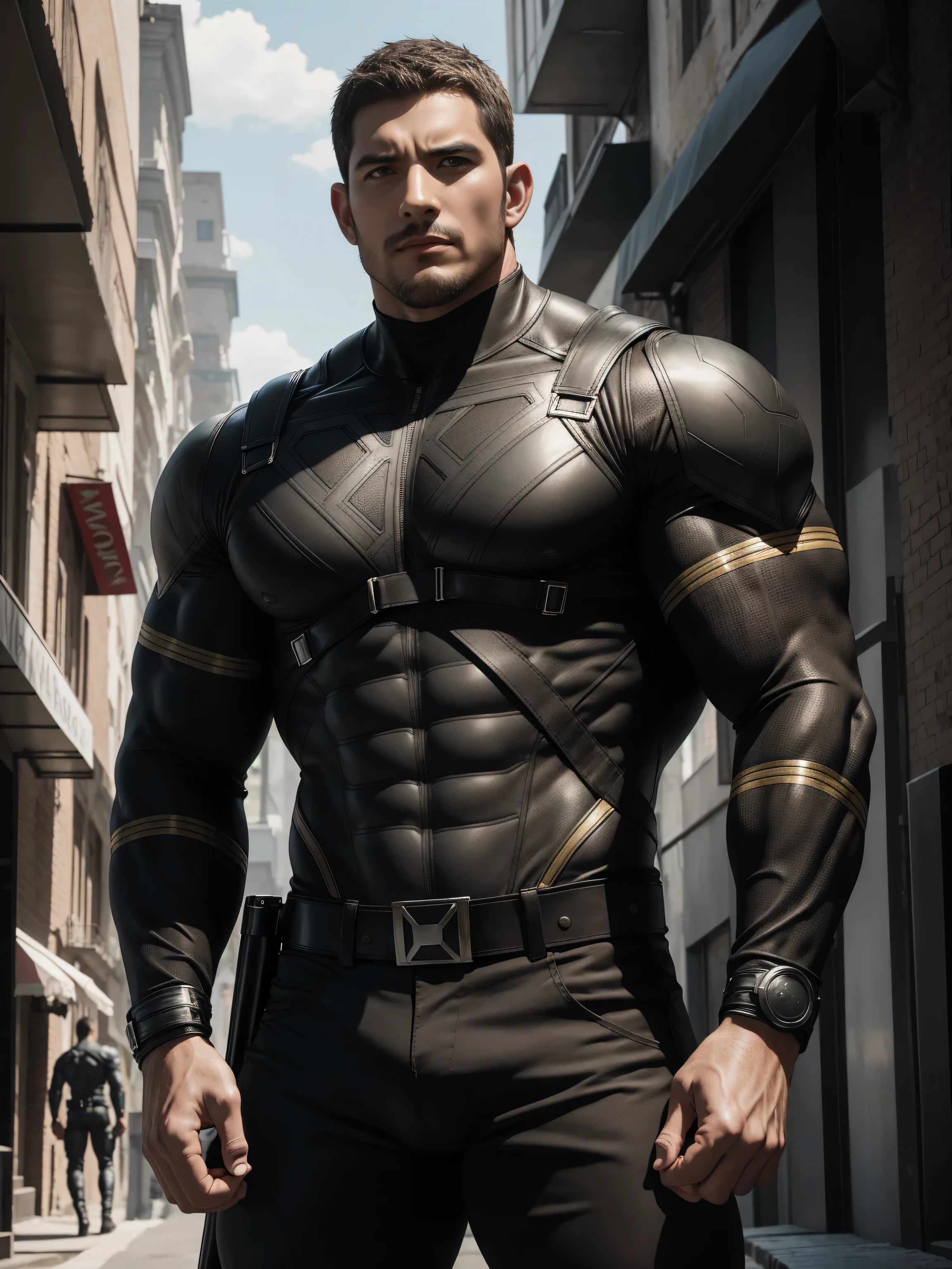 Angry super muscular man, Buzz Cut,On the old-style outdoor street under the hot sun, Wear long-sleeved dark brown superhero Black Panther bodysuit, Dark brown texture,The expression is arrogant, Thick thighs, Messy hair, Thick thighs, Turtleneck Long Sleeve Dark Brown Superhero Bodysuit, very tight, Regular symmetrical pattern, Highlight muscles, Police uniform pants, character concept(Resident Evil - Chris Redfield, Chris Redfield)A proud expression, Deep and charming eyes, Heroic male pose, tall Burly, muscular!muscular thighs, tough guy, perfect facial features, High, Burly, Heqiang, Super polished and cool, High Resolution Committee, Charismatic, The sun is blazing, dazzling
