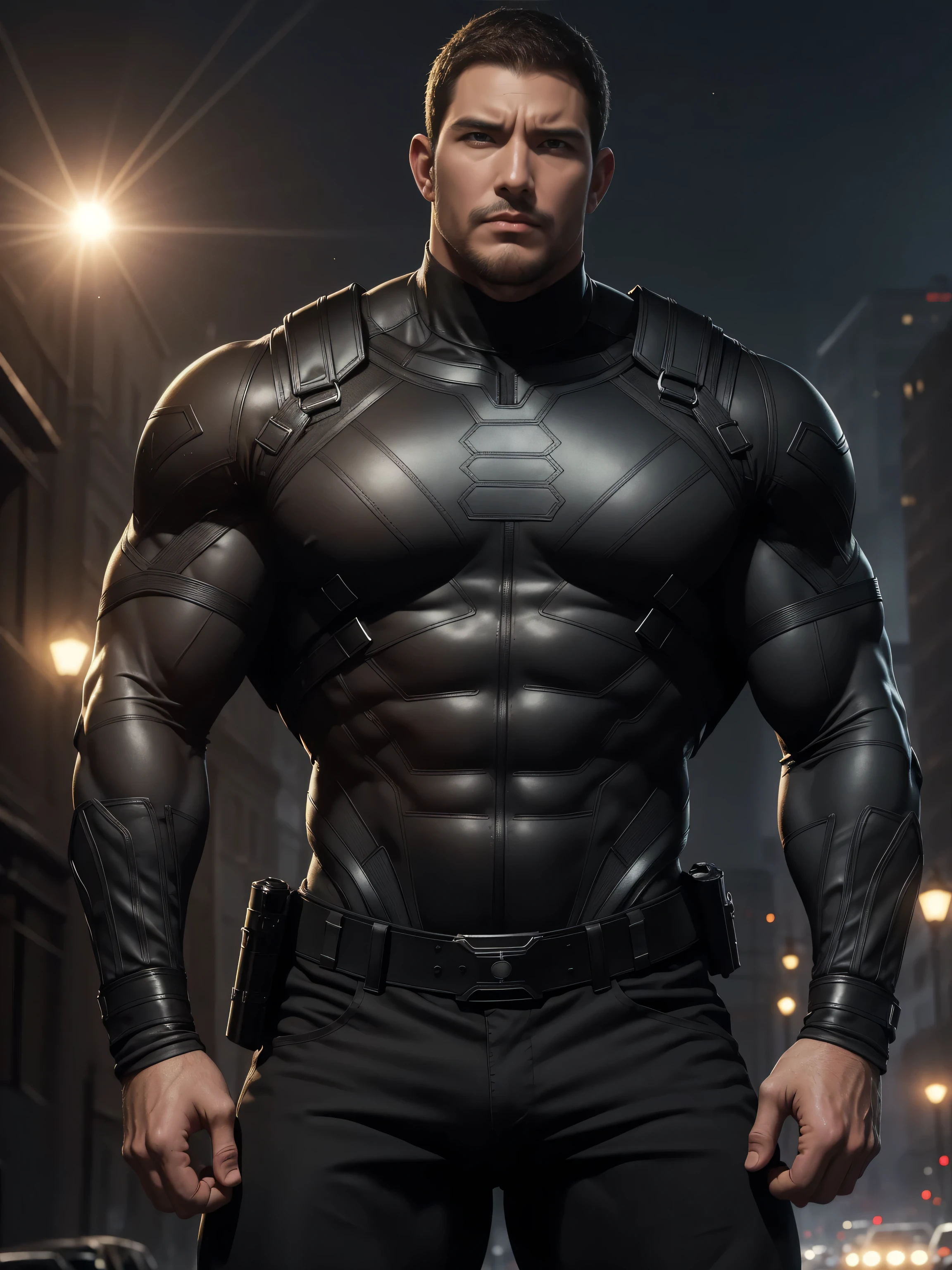 Angry super muscular man, Buzz Cut,On the old-style outdoor street under the hot sun, Wear long-sleeved dark brown superhero Black Panther bodysuit, Dark brown texture,The expression is arrogant, Thick thighs, Messy hair, Thick thighs, Turtleneck Long Sleeve Dark Brown Superhero Bodysuit, very tight, Regular symmetrical pattern, Highlight muscles, Police uniform pants, character concept(Resident Evil - Chris Redfield, Chris Redfield)A proud expression, Deep and charming eyes, Heroic male pose, tall Burly, muscular!muscular thighs, tough guy, perfect facial features, High, Burly, Heqiang, Super polished and cool, High Resolution Committee, Charismatic, The sun is blazing, dazzling