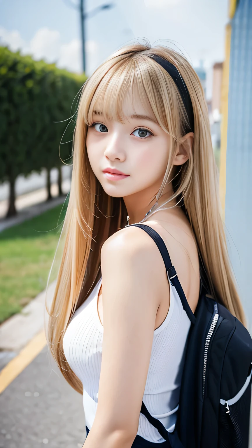 Sexy Big 、A cute -yeld giwith a sexy and cute look, beautiful and sexy face、A strong wind blows my hair in front of my face、With straight blonde hair、beautiful, Cute and sexy eyes hidden behind long bangs、Sexy school girl