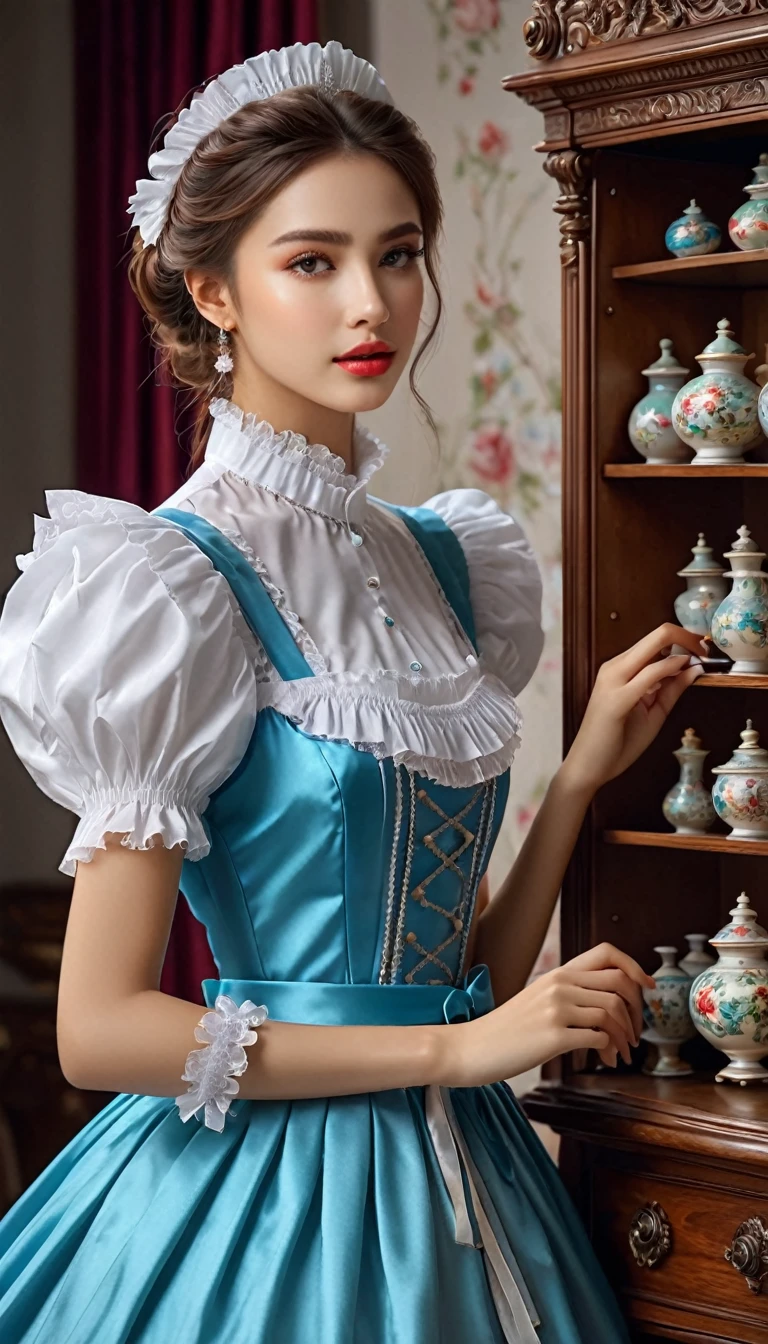 a young woman maid, hyper detailed, iridescent, idyllic, magical, dynamic pose cleaning a dresser with ornaments, (best quality,4k,8k,highres,masterpiece:1.2),ultra-detailed,(realistic,photorealistic,photo-realistic:1.37),1girl,intricate details,beautiful detailed eyes,beautiful detailed lips,extremely detailed eyes and face,longeyeleshs,elegant dress,studio lighting,professional,vivid colors,warm lighting