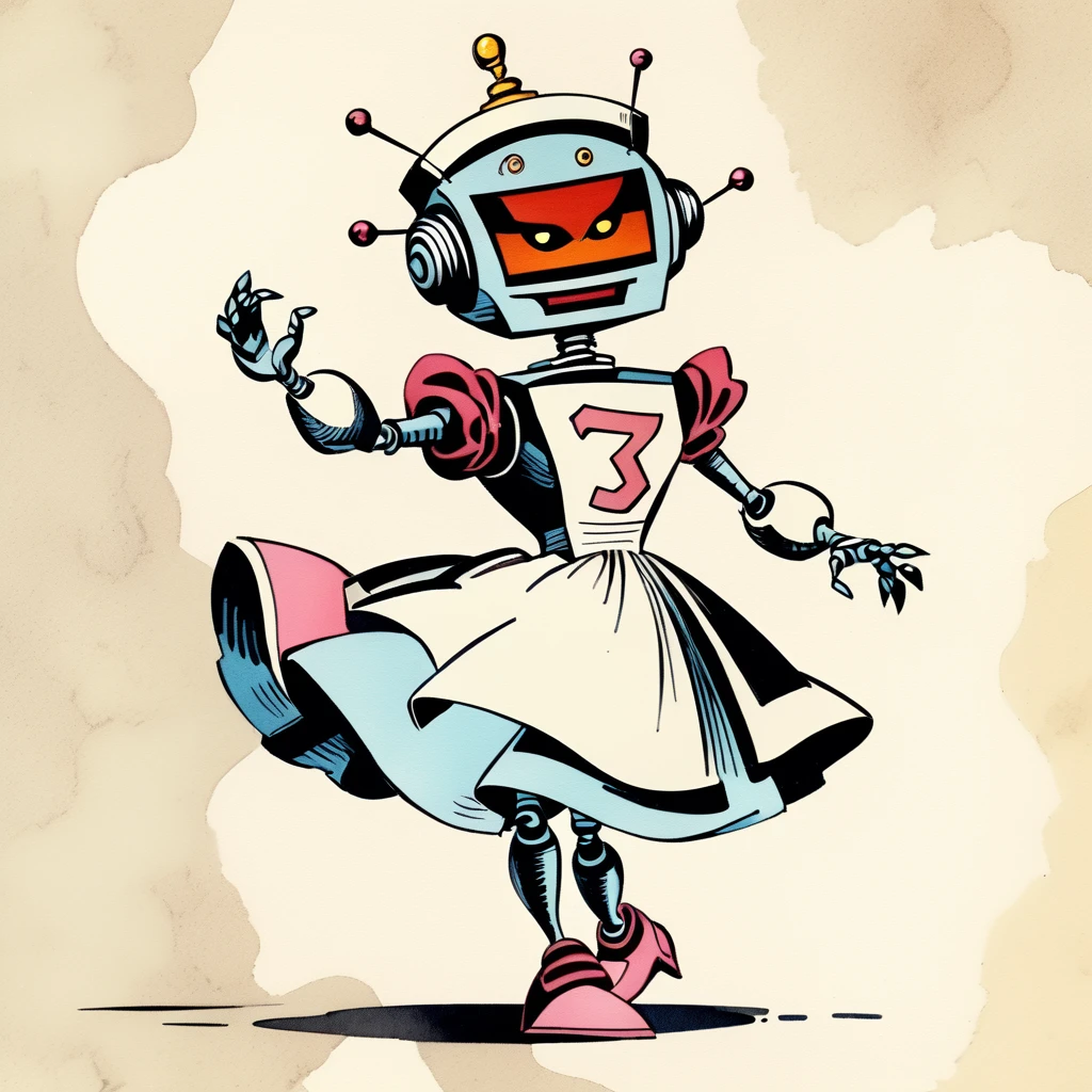 Rosie the Robot in a maid outfit, (vintage comic, The Jetsons style reference) dancing stanky boogie, 1960's rich color grading for shading depth, 1940's watercolor background
