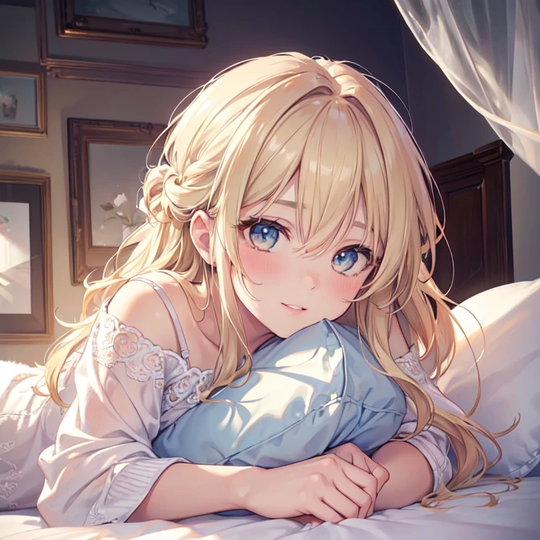 (best quality,4k,8k,highres,masterpiece:1.2),ultra-detailed,(realistic,photorealistic,photo-realistic:1.37),cute young adult woman laying down on the couch hugging a pillow,bed,smiling cutely,beautiful detailed eyes,beautiful detailed lips,longeyelashes,lovely long blonde hair flowing smoothly,silky smooth skin,cozy bed room with soft warm lighting,comfortable fluffy couch,delicate floral pattern on the pillow,gentle pastel color scheme,relaxed and peaceful atmosphere,casual and comfortable clothing,carefully crafted facial features and expressions,tender and joyful mood,filled with warmth and happiness,subtle shadows and highlights enhancing depth and dimension,soft and natural lighting,crisp and clear details,immersive high-resolution image,vivid and vibrant colors,preserved natural texture and fine details,HDR effect showcasing the full dynamic range,bringing every nuance to life,creating a lifelike and stunning portrayal,portraits,photography