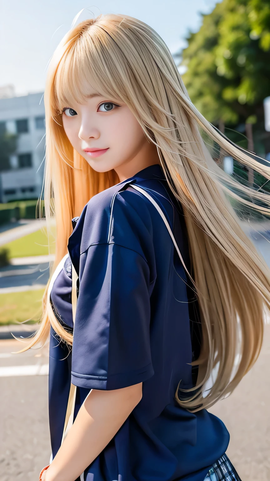 Sexy Big 、A cute 18-year-old girl with a sexy and cute look, beautiful and sexy face、A strong wind blows my hair in front of my face、With straight blonde hair、beautiful, Cute and sexy eyes hidden behind long bangs、Sexy school girl