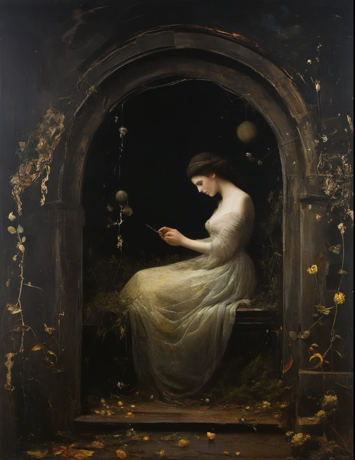 James Gurney, Surrealist art , dream-like, Mysterious, Provocative, symbolic, Complex, detailed,, (Gothic but very beautiful:1.4), (masterpiece, highest quality:1.4) , Nicola Samori Style, garden