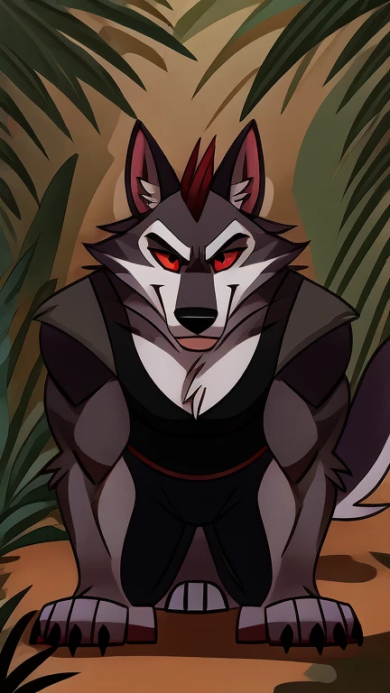 (masterpiece, best quality:1.2), Vortex hellhound, wolf, furry, helluva boss, he wears a black t-shirt with a gray vest with red spikes on the shoulders and black pants. marching on all fours, jungle background,
