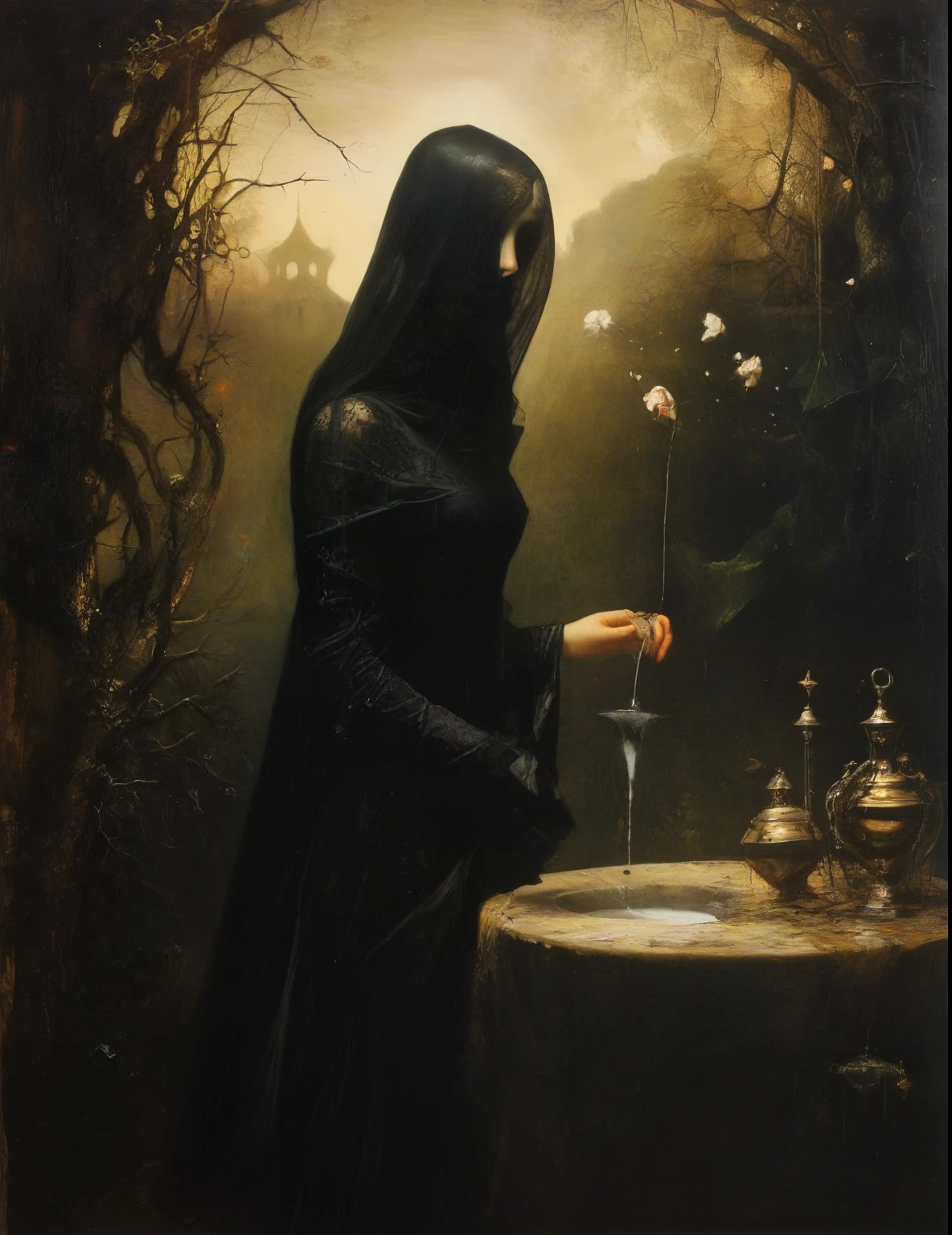 James Gurney, Surrealist art , dream-like, Mysterious, Provocative, symbolic, Complex, detailed,, (Gothic but very beautiful:1.4), (masterpiece, highest quality:1.4) , Nicola Samori Style, garden