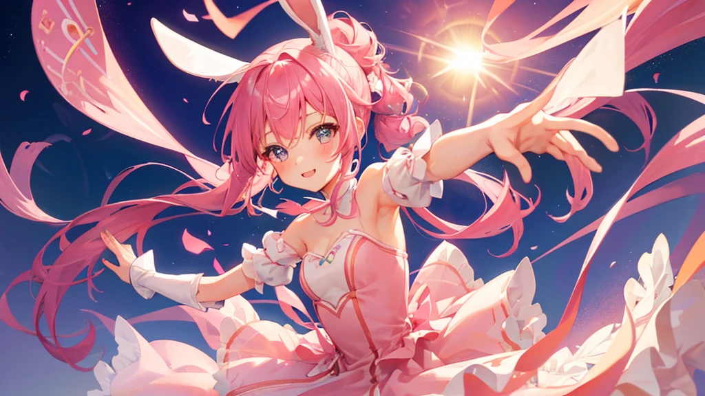 girl with pink hair, bunny ears, love eyes, happy girl, pink tail, hair tied two, ballet royal dress, cute sky, 8k resolution, detail