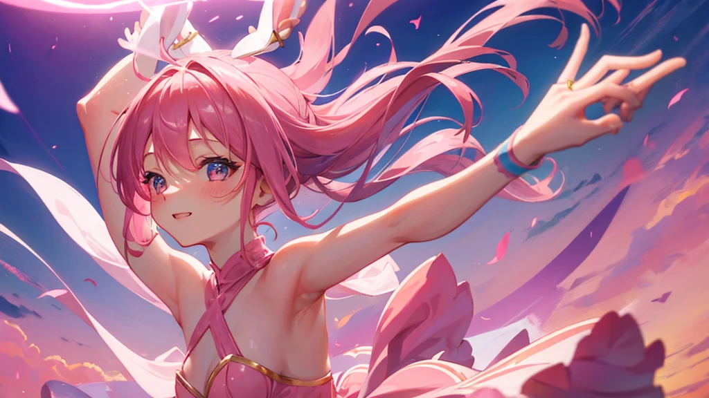 girl with pink hair, bunny ears, love eyes, happy girl, pink tail, hair tied two, ballet royal dress, cute sky, 8k resolution, detail
