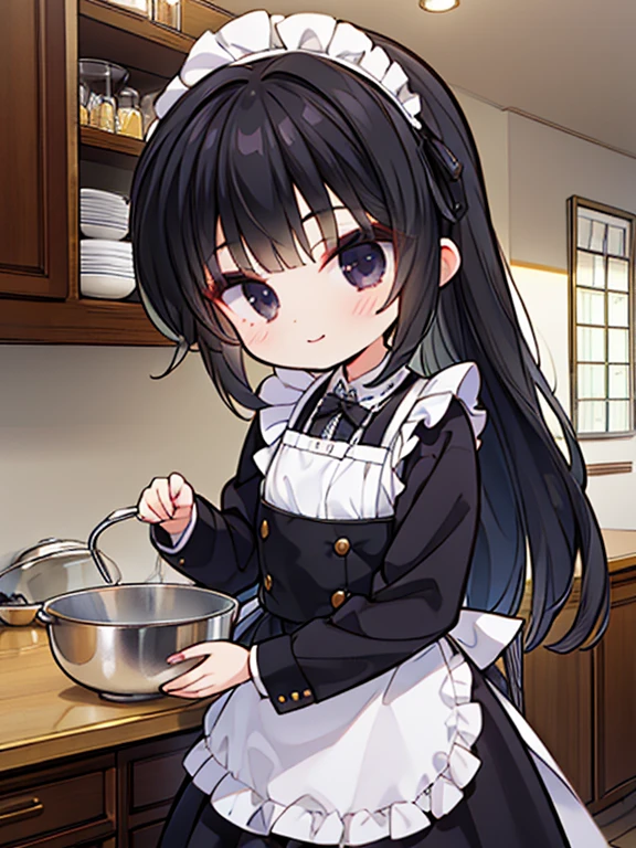 masterpiece, highest quality, Very detailed, 16k, Ultra-high resolution, Cowboy Shot, Detailed face, Perfect Fingers, , smile, black eye, Black Hair, Long Hair, Black maid outfit, Inside the Western-style building, kitchen, Cooking, chibi