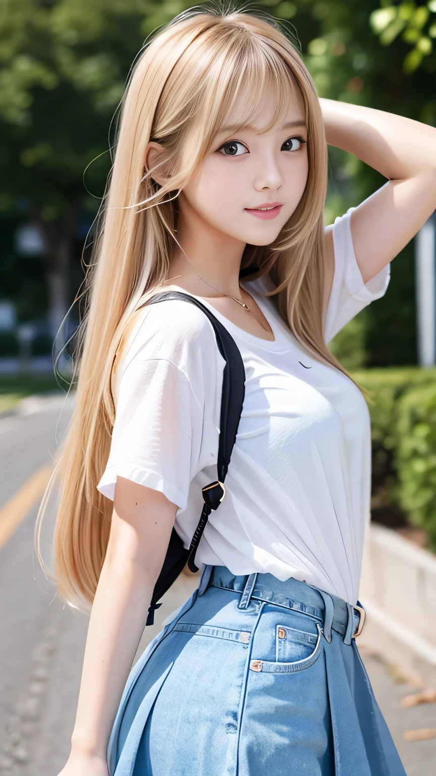 Sexy Big 、A cute 18-year-old girl with a sexy and cute look, beautiful and sexy face、A strong wind blows my hair in front of my face、With straight blonde hair、beautiful, Cute and sexy eyes hidden behind long bangs、Sexy school girl