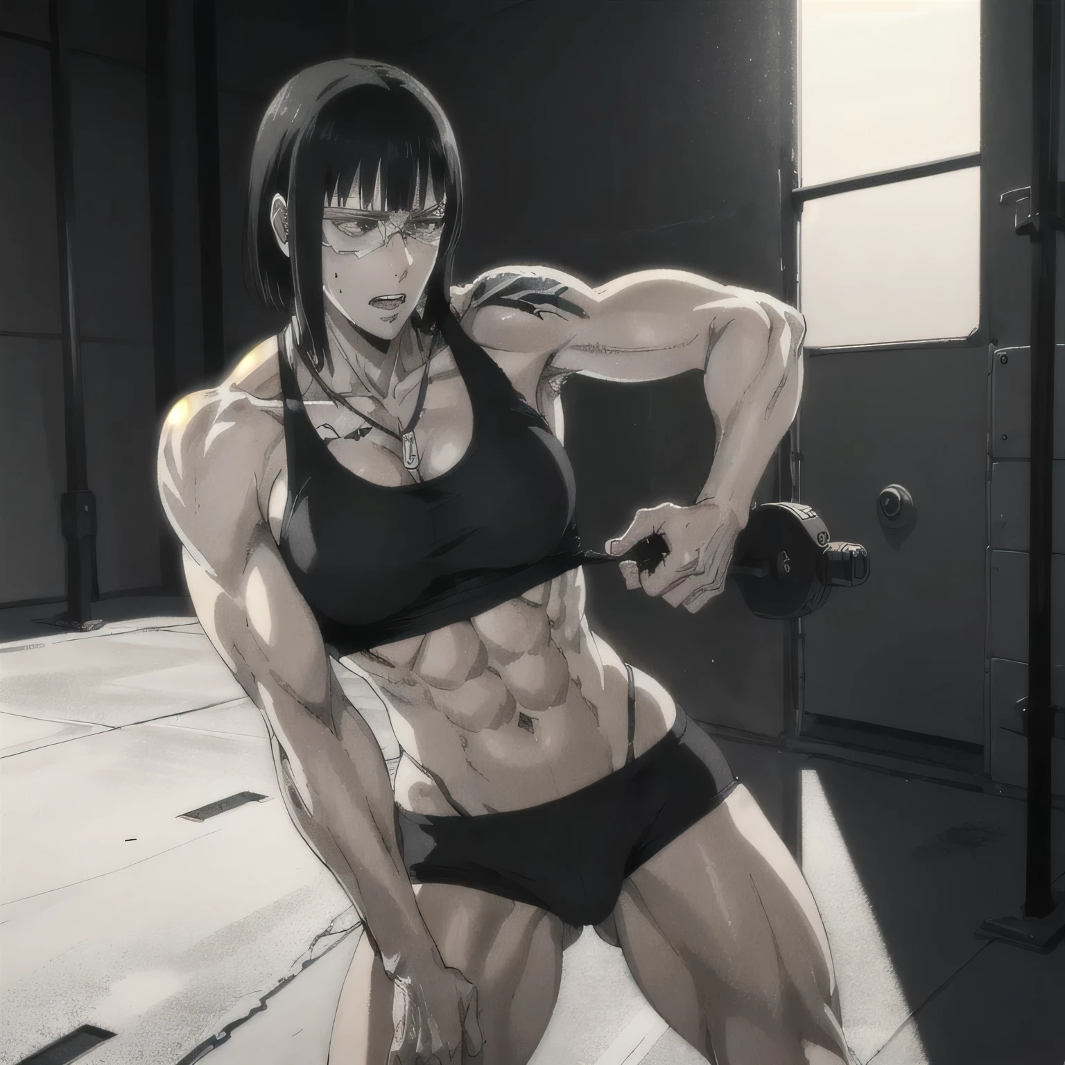 (best quality,ultra-detailed,realistic:1.37),musclaur badass girl with sculpted body with preview her musclaur body and six-pack, full review of the female character's face and body, intense expression,studio lighting, vivid colors, physiologically-based rendering, grungy texture, rugged background, dust particles in the air, commanding presence, professional, powerful, gritty aesthetics,,Valmet،short hair،tattoos on shoulders,,Shining muscles, muscle protrusion,wearing military male gray underwear and gray midriff tank top,necklace,training hard,dick growth inside underwear,Valmet have a dick,An erect dick inside underwear,stand fight position with her muscles and six-pack and growth dick inside underwear,training in ice,winter