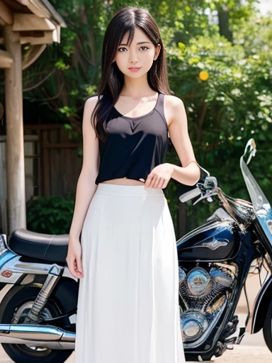 a lot of details, (underweight), 30 years old, detailed black hair, beautiful detailed hair, super fucking beautiful, complex details beautiful and delicate eyes, perfect hands, (flat chest best quality:1.5), perfect and delicate limbs, detailed skin, best quality, ultra-detailed,(cheerful grin:1.3),
full body shot, architectural photograph, motorcycle, delightful, sitting, long hair, (white tank top, summer long skirt:1.2), japanese, outside, (standing next to an american cruiser motorcycle:1.3), from side, ground-level shot
