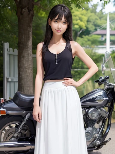 a lot of details, (underweight), 30 years old, detailed black hair, beautiful detailed hair, super fucking beautiful, complex details beautiful and delicate eyes, perfect hands, (flat chest best quality:1.5), perfect and delicate limbs, detailed skin, best quality, ultra-detailed,(cheerful grin:1.3),
full body shot, architectural photograph, motorcycle, delightful, sitting, long hair, (white tank top, summer long skirt:1.2), japanese, outside, (standing next to an american cruiser motorcycle:1.3), from side, ground-level shot