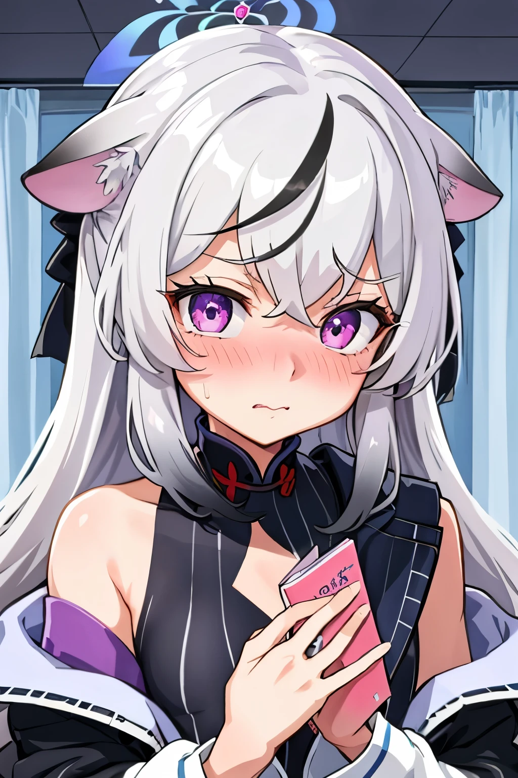 1girl, kokona, indoors, purple eyes, white hair, :3 mouth, embarrassed, beautiful eyes, beautiful lips, shiny lips, extremely detailed eyes and face, long eyelashes, close-up, warm lighting, vibrant colors, looking at the viewer, embarrassed look, blush, Winter suit, winter wonder