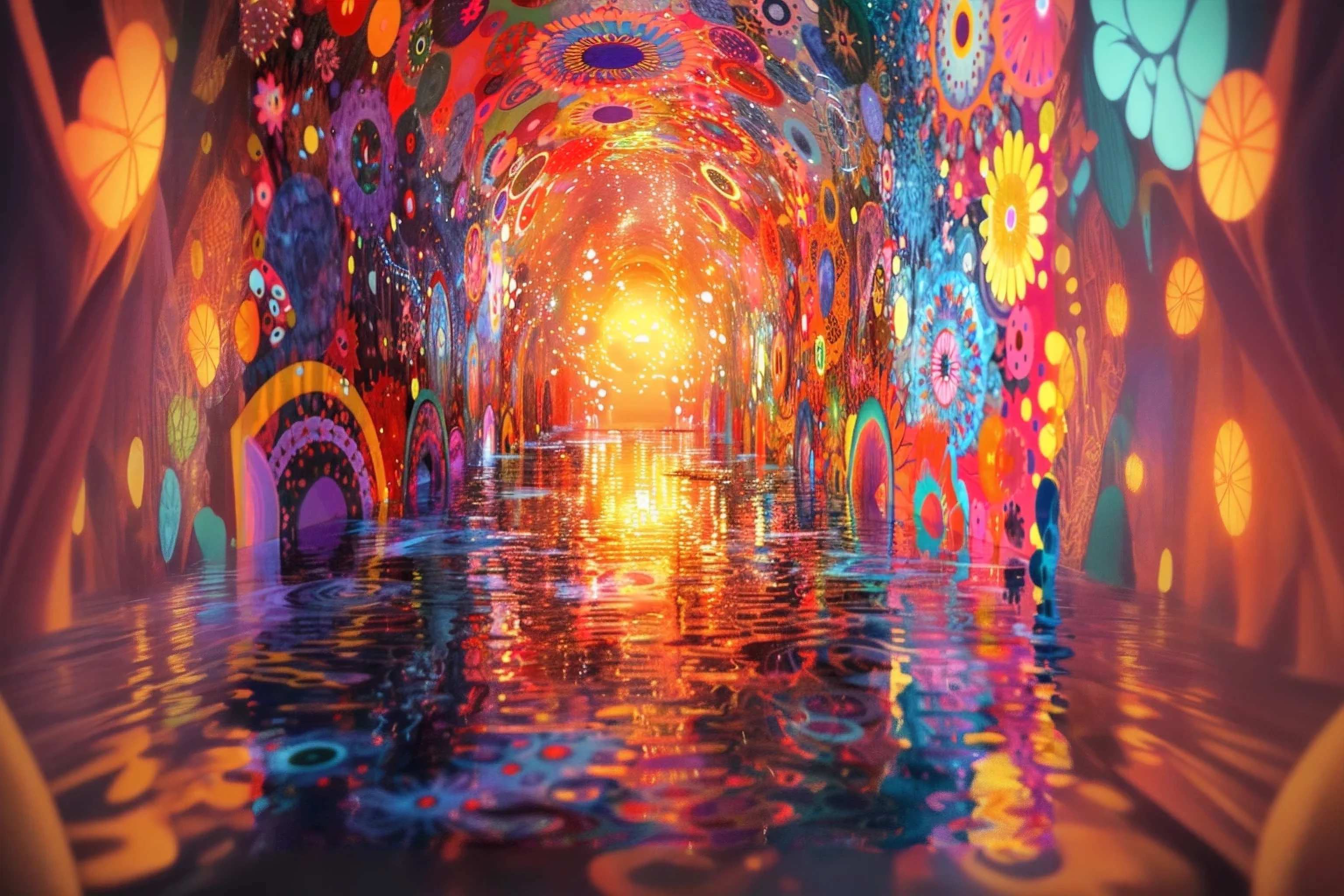 Colorful tunnel,Bright Lights,The ground reflects the water, extremely a psychedelic experience, Psychedelic and glittering, Surreal psychedelic design, Whimsical and psychedelic, Psychedelic atmosphere, Vivid psychedelic colors, a psychedelic experience, Psychedelic bright colors, Magic psychedelic background, bright psychedelic colors, Magical colors and atmosphere, Colorful and psychedelic, bright psychedelic color, Future Psychedelic Hippie, psychedelic therapy